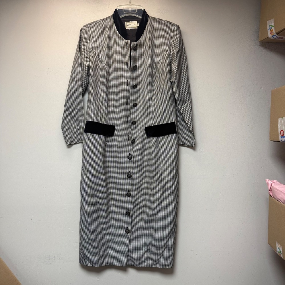 Misty Lane Duster Coat Dress Womens 8 Black White Houndstooth Velvet Trim VTG